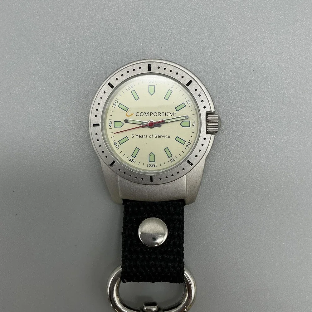 Comporium Key Ring Watch Mens 37mm Silver Tone Luminous Indexes New Battery